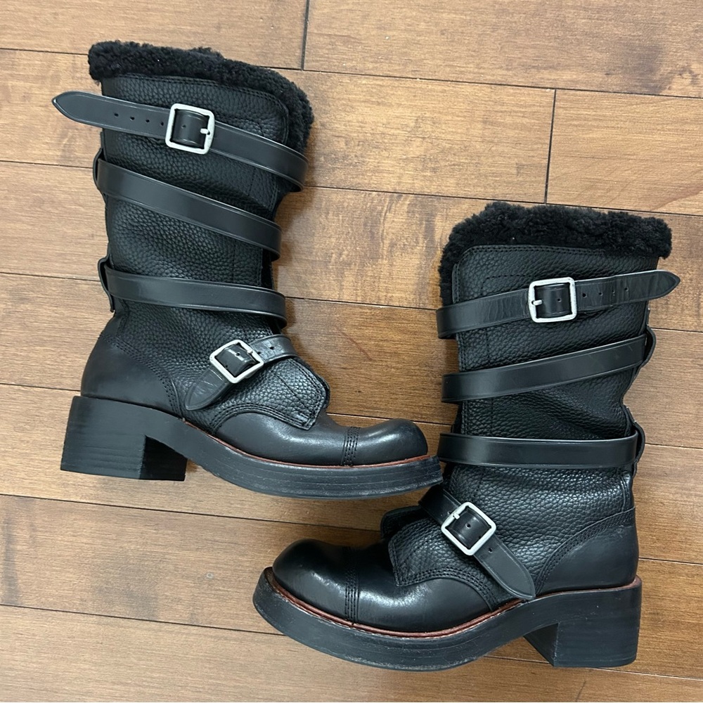 Coach Black Leather Moto Boots with Buckles